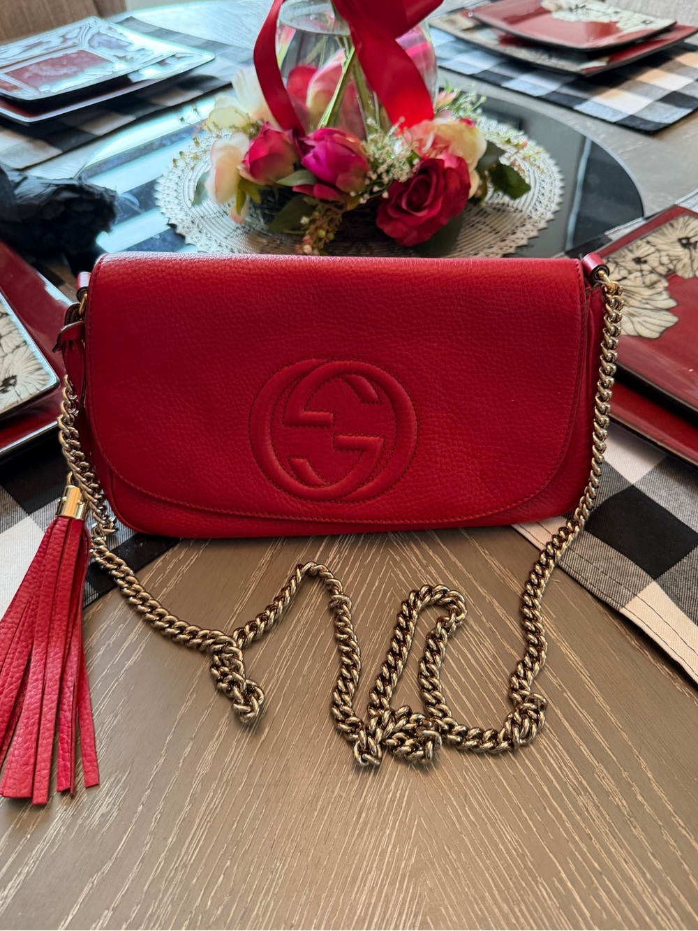 Authentic Gucci Red Leather Crossbody with Gold Chain and Tassel